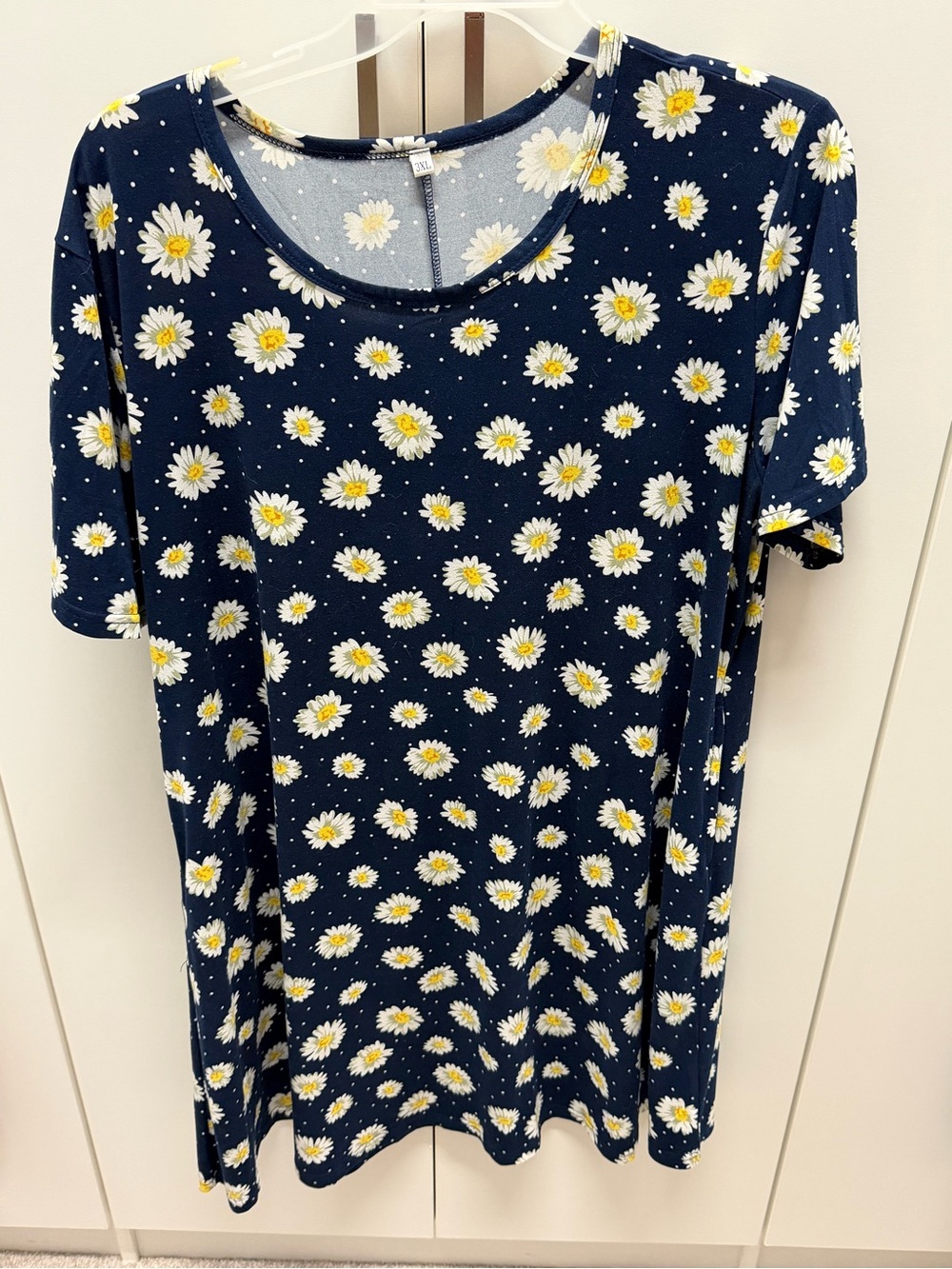 Daisy-Print Navy Short Sleeve Women's Dress, Knee length, 3X